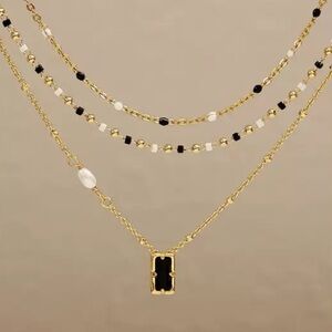 Gold Dainty Necklace with Black Pendant and Pearl Accent Minimalist